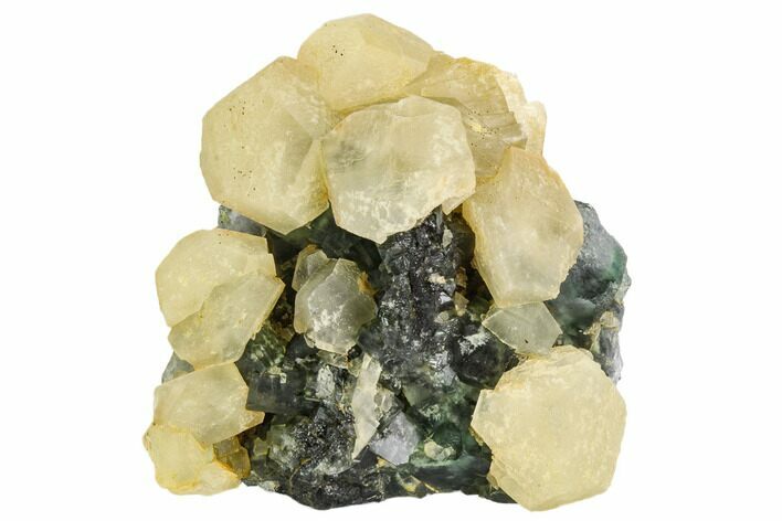 Yellow Calcite Crystals on Green Fluorite - China #112422